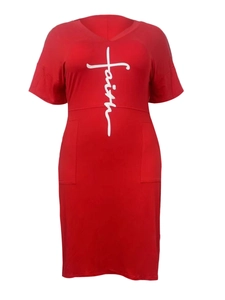 Detail of red plus size V-neck dress featuring faith cross print and side pockets