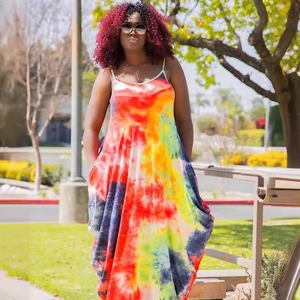 Women's summer loose tie-dye maxi dress with spaghetti straps and side pockets