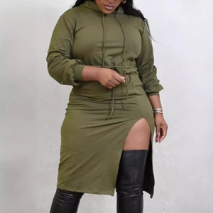 Olive green hooded drawstring dress with long sleeves and stylish side slits for women
