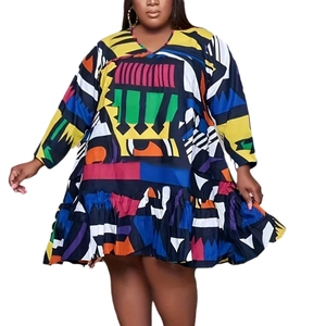 Plus size V-neck long sleeve dress with colorful geometric prints and ruffled hemline
