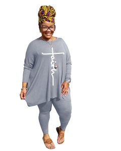 Detailed view of the gray casual two-piece set with long sleeve top and Faith print design