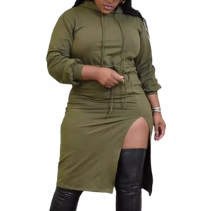 Olive green hooded long sleeve dress with drawstring waist and high side slit