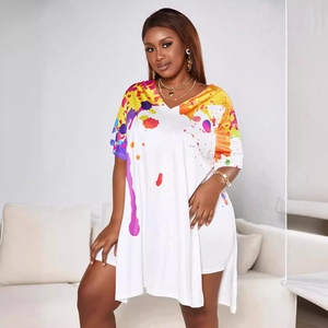 Women V-neck loose oversized two-piece set with vibrant colorful splash art print