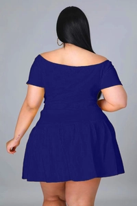 Detail of royal blue off-shoulder short sleeve dress back showing slim fit silhouette