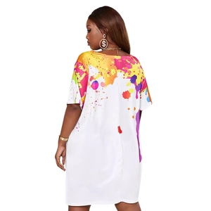 Women's white short sleeve V-neck tunic set with vibrant abstract ink splash print