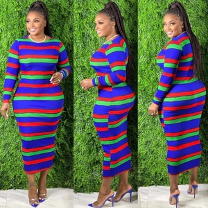 Women's Plus Size Colorful Striped Bodycon Maxi Dress Long Sleeve Round Neck Casual Stretchy Slim Fit Party Long Dress