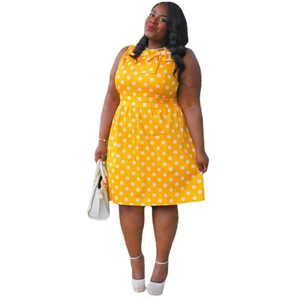 Vintage yellow polka dot plus size dress with sleeveless bow neckline design