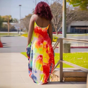 Women's summer tie-dye sleeveless maxi dress with thin straps and a loose fit back view
