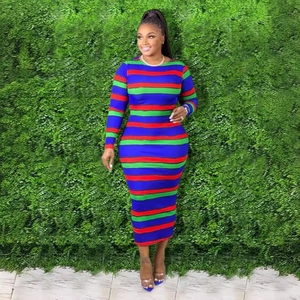 Women's tight-fitting long dress with bold blue, red, and green horizontal stripes