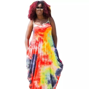 Summer loose tie-dye sleeveless maxi dress for women with side pockets and colorful print