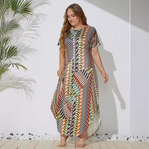 Plus Size Women Geometric Print Short Sleeve Irregular Hem Asymmetrical Maxi Dress Casual Loose Fit Vacation Boho Dress