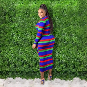 Bodycon long sleeve dress with vibrant red green and blue horizontal stripes for women