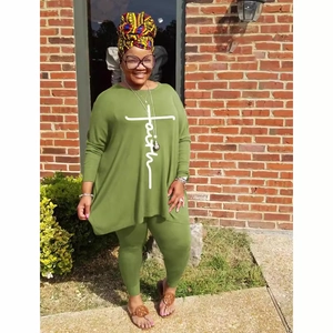 Olive green plus size two-piece set with long sleeve faith print top and leggings