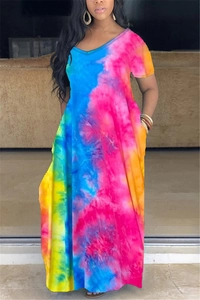Detail shot of the V-neck and colorful tie-dye fabric on this short sleeve maxi dress