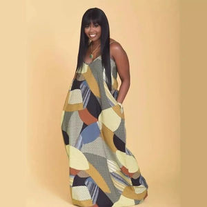 Plus Size Women Summer Casual Geometric Print V-Neck Cami Maxi Dress Loose Boho Sleeveless Pocket Beach Long Dress