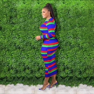 Women's plus size bodycon maxi dress with colorful horizontal stripes and long sleeves