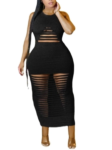 Detail of sexy black bodycon maxi dress with horizontal cutouts and halter neckline