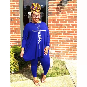 Royal blue two-piece casual lounge set with faith print top and matching leggings