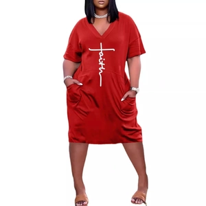 Women's V-neck short sleeve Faith print maxi dress in deep red with side pockets
