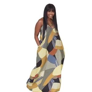 Summer V-neck sleeveless maxi dress with colorful geometric abstract patterns for women