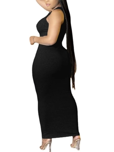 Detail view of a black sleeveless bodycon maxi dress with a slim-fit silhouette