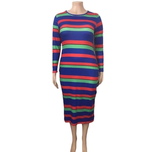 Women's plus size bodycon dress with vibrant colorful stripes and long sleeves