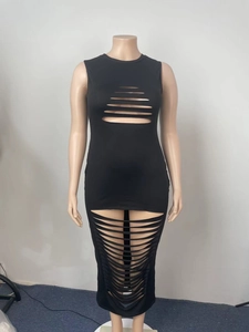 Detail view of solid black sleeveless bodycon dress with horizontal cut-outs on chest