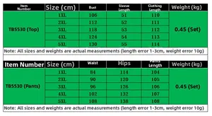 Size chart for women's plus-size printed set, measurements for sizes 1XL to 5XL top and pants