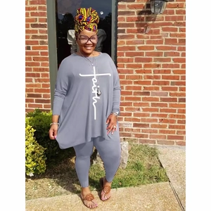 Women casual two-piece lounge set with faith print top and matching blue grey leggings