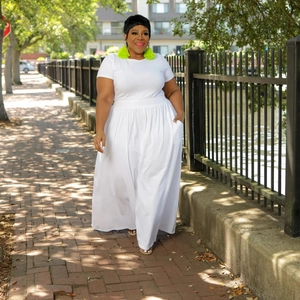 Detailed close-up of a white plus size two-piece short sleeve round neck maxi dress