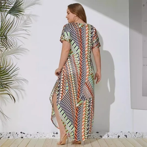 Bohemian printed maxi dress with short sleeves and asymmetric split hem for summer vacations