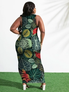Rear view of slim sleeveless maxi dress with vibrant tropical leaf print pattern
