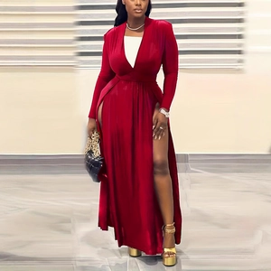 Women's Plus Size Sexy V Neck High Slit Long Sleeve Maxi Dress Elegant Solid Spliced Party Banquet Evening Gown
