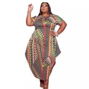 Plus size short sleeve dress with colorful geometric stripes and asymmetrical hem