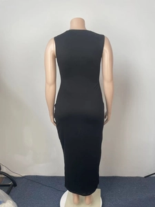 Back view of a sleek black sleeveless bodycon maxi dress with a minimalist slim fit cut