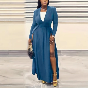 Navy blue V-neck maxi dress with high side slits and long sleeves for party wear