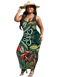 Detail of tropical leaf print on a slim fit sleeveless maxi dress for women