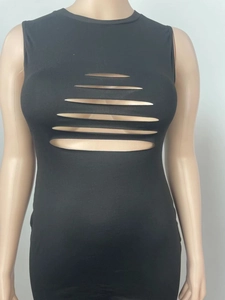 Detail of a black sleeveless bodycon dress with multiple horizontal cutout designs