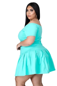 Detail of mint green plus size short sleeve dress with pleated skirt and off-shoulder cut