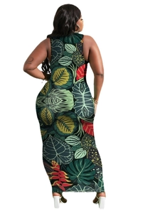 Rear view of long sleeveless bodycon dress featuring a bold tropical leaf print pattern