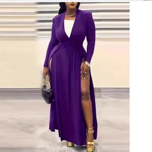 Deep purple long sleeve V-neck maxi dress with sexy high double slits and white lining