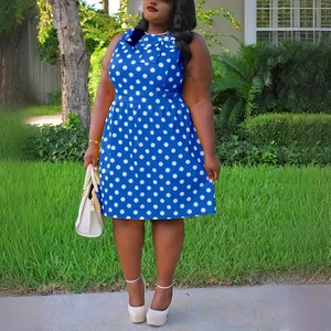 Women Plus Size Polka Dot Sleeveless Dress Vintage Bow Round Neck High Waist A Line Summer Cocktail Party Casual Midi Dress