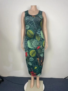 Detailed view of the sleeveless maxi dress featuring a tropical palm leaf floral print