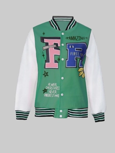 Detail of green varsity jacket featuring white sleeves and various embroidered patches