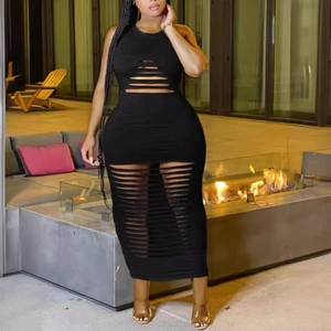 Women Plus Size Sexy Sleeveless Hollow Out Shredded Maxi Dress Elegant Bodycon Long Vest Dress For Party Clubwear Solid Color