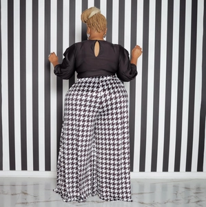 Women's plus size houndstooth wide-leg pants and black satin puff sleeve top set