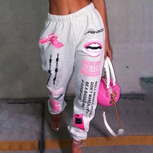 Women street style grey high waist jogger pants with pink graphic print and drawstring