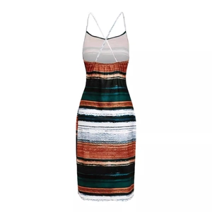 Robe midi sexy moulante dos nu pour femmes avec motif à rayures vintage et tie-dye