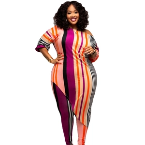 Plus size women's two-piece set with vibrant vertical stripes and one-shoulder top