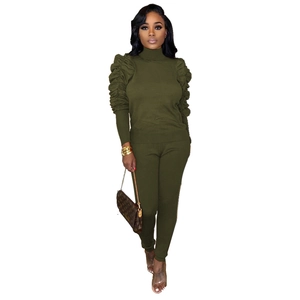 Chic olive green two-piece set for women with stylish ruched puff sleeves and slim-fit pants